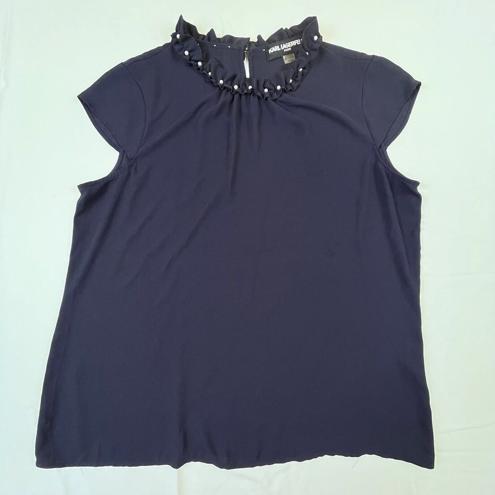 Karl Lagerfeld Paris Pearl Ruffle Neck Top Women L Navy Blue Cap Sleeve Blouse